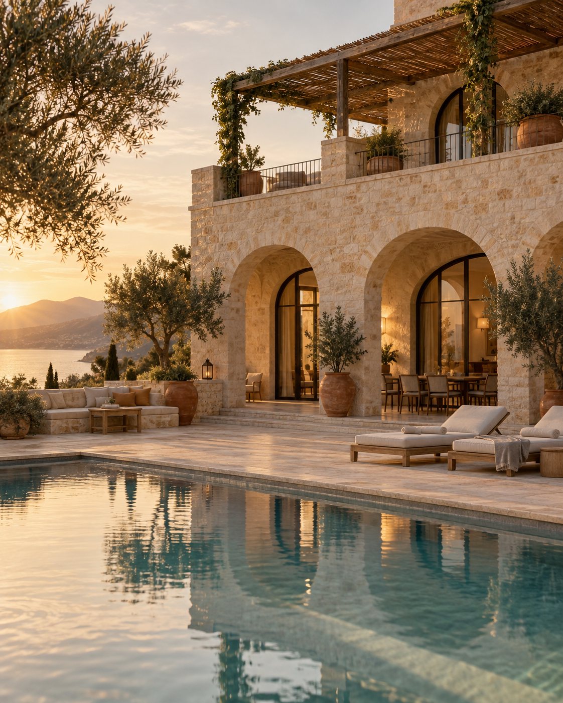Illustrative boutique hotel terrace overlooking the sea